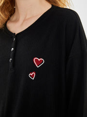 Lcw Dream Black Crew Neck Embroidered Women'S Pajama Set