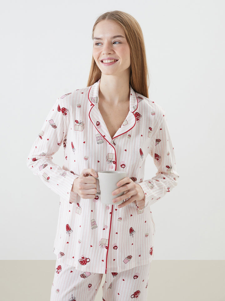 Lcw Dream Pink Shirt Collar Patterned Women'S Pajama Set