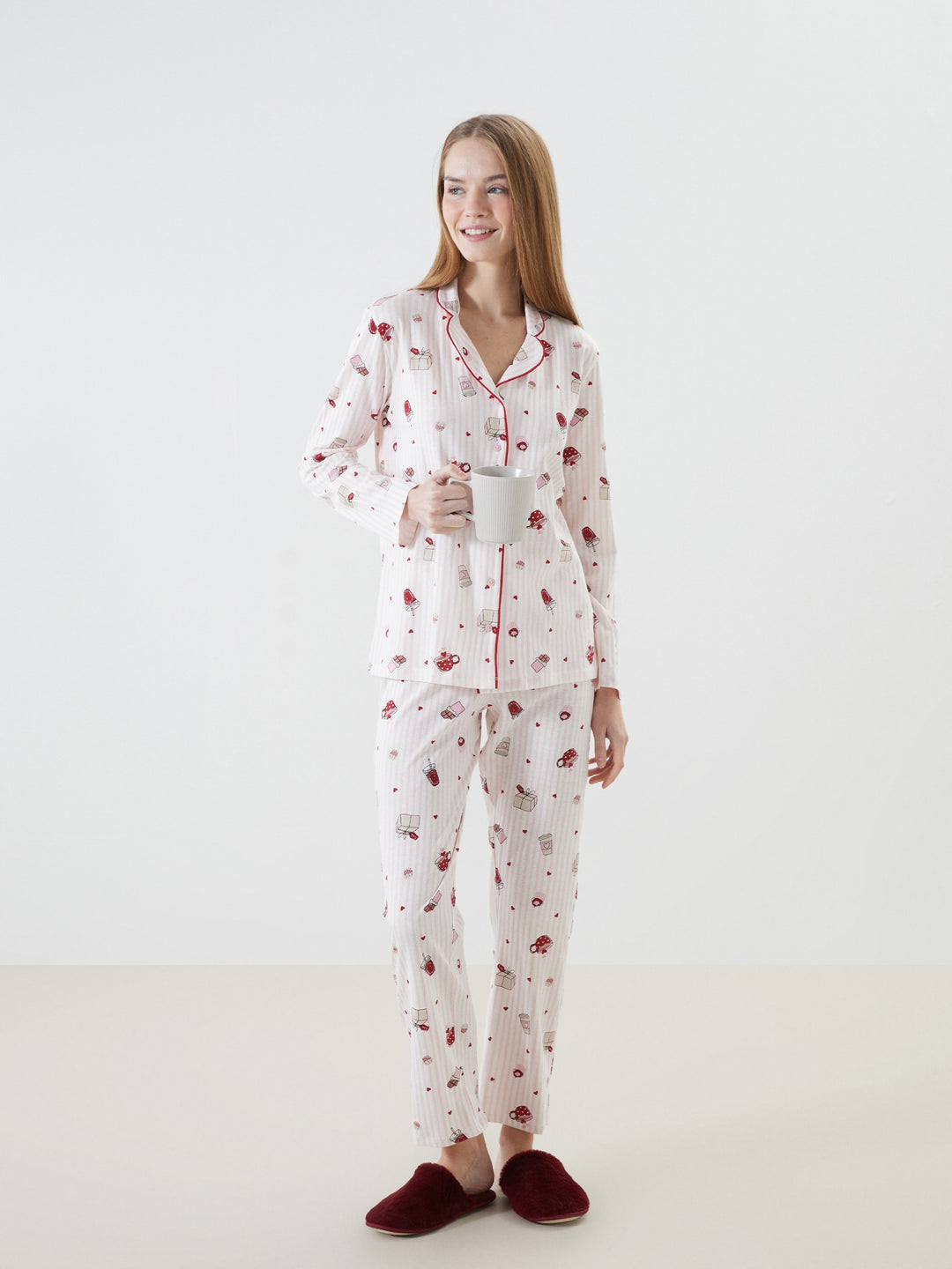 Lcw Dream Pink Shirt Collar Patterned Women'S Pajama Set