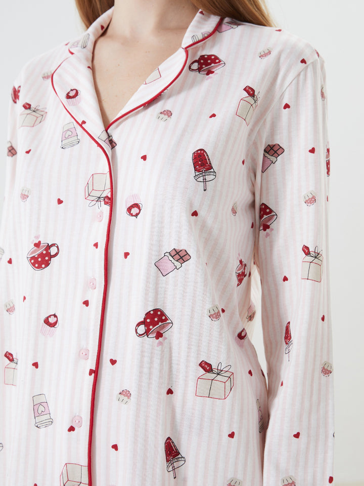 Lcw Dream Pink Shirt Collar Patterned Women'S Pajama Set