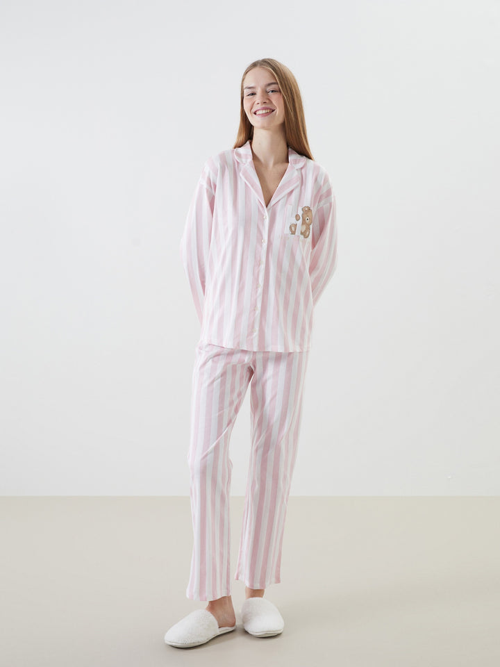 Lcw Young Ecru Shirt Collar Striped Women'S Pajama Set