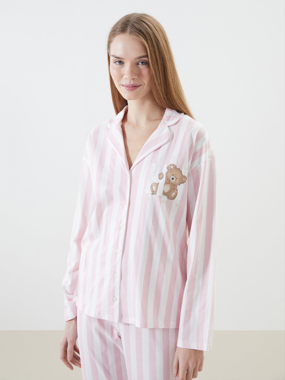 Lcw Young Ecru Shirt Collar Striped Women'S Pajama Set