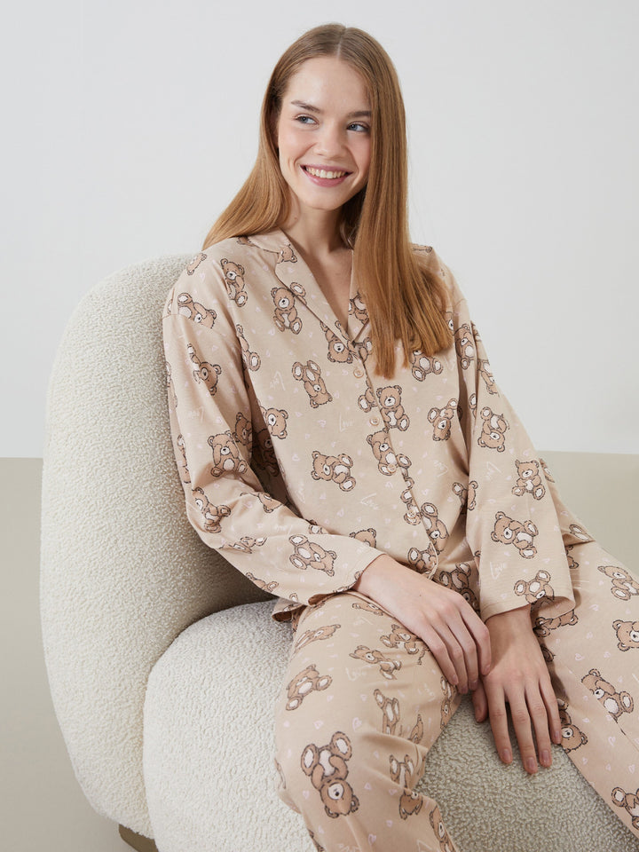 Lcw Young Beige Shirt Collar Patterned Women'S Pajama Set