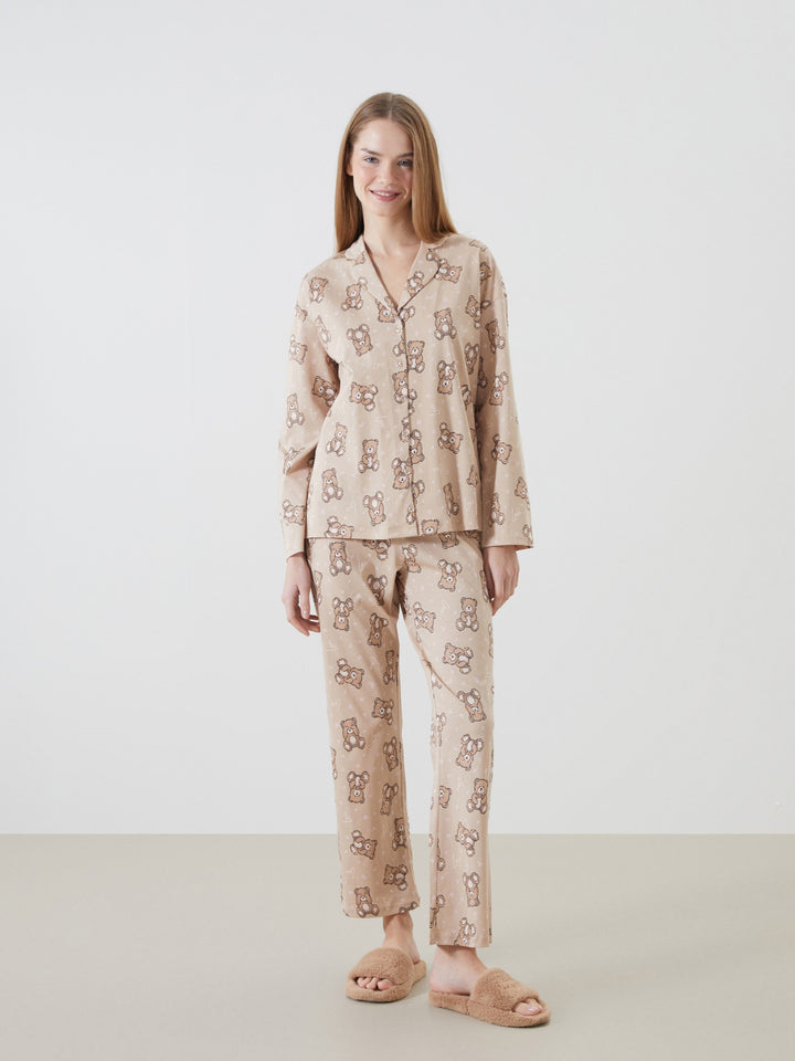 Lcw Young Beige Shirt Collar Patterned Women'S Pajama Set