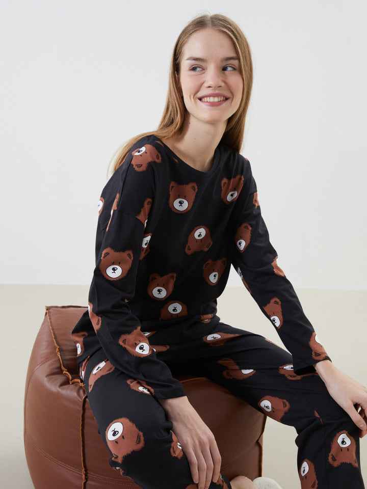 Lcw Young Black Crew Neck Printed Women'S Pajama Set