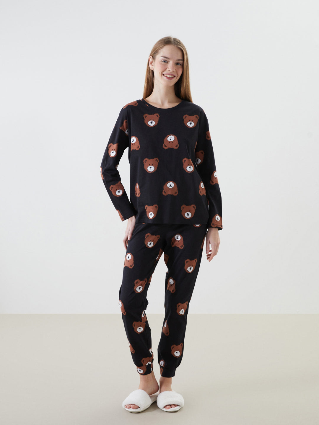 Lcw Young Black Crew Neck Printed Women'S Pajama Set