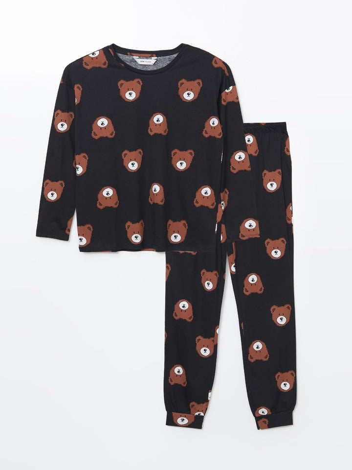 Lcw Young Black Crew Neck Printed Women'S Pajama Set