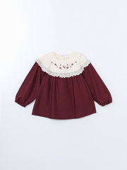 Lcw Baby Claret Red Crew Neck Embroidered Girl'S Shirt