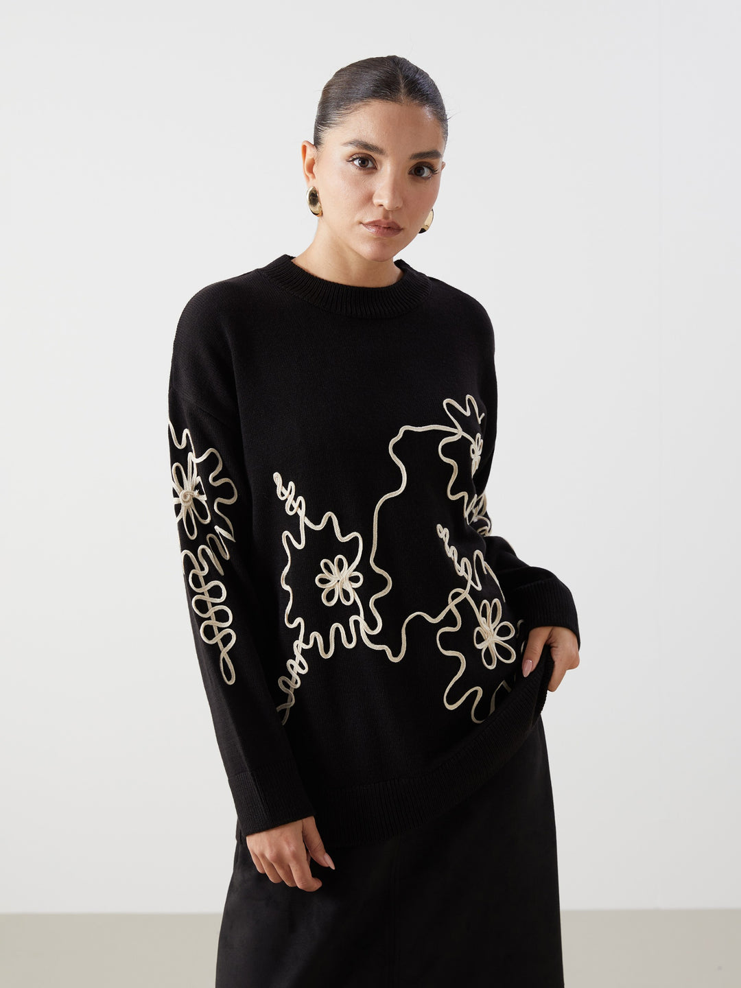 Lcwaikiki Classic Black Stand Collar Embroidered Women'S Knitwear Sweater