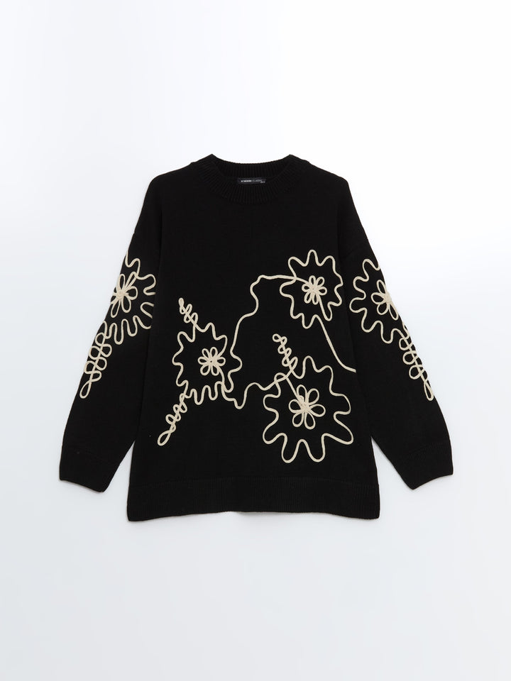 Lcwaikiki Classic Black Stand Collar Embroidered Women'S Knitwear Sweater