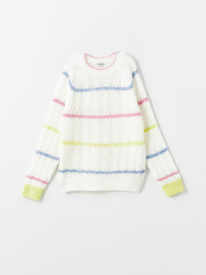 Lcw Kids Ecru Crew Neck Girls Knitted Sweater