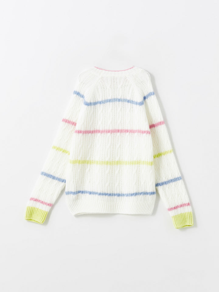 Lcw Kids Ecru Crew Neck Girls Knitted Sweater