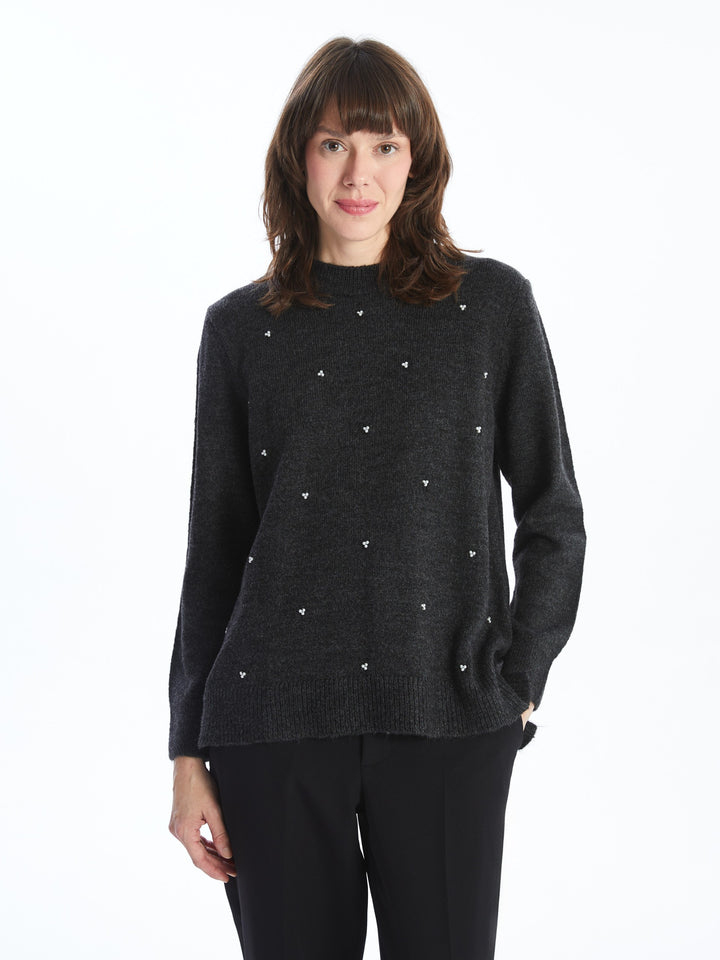 Lcwaikiki Basic Anthracite Crew Neck Embroidered Women'S Knitwear Sweater