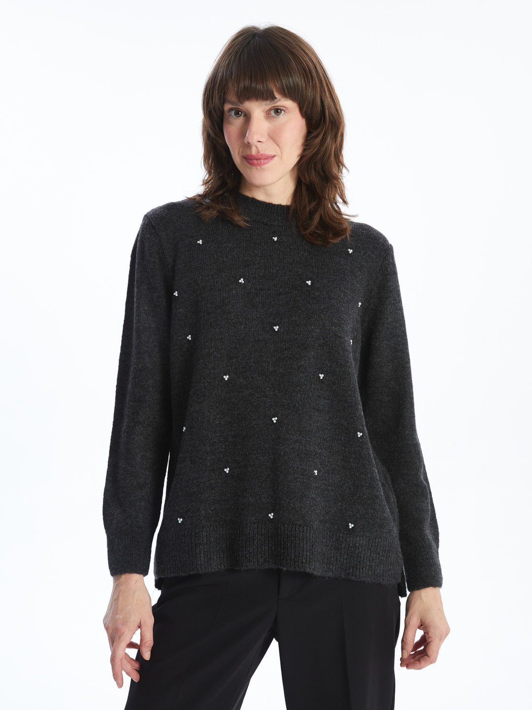 Lcwaikiki Basic Anthracite Crew Neck Embroidered Women'S Knitwear Sweater