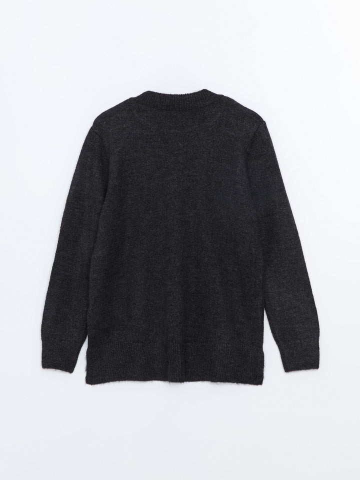 Lcwaikiki Basic Anthracite Crew Neck Embroidered Women'S Knitwear Sweater