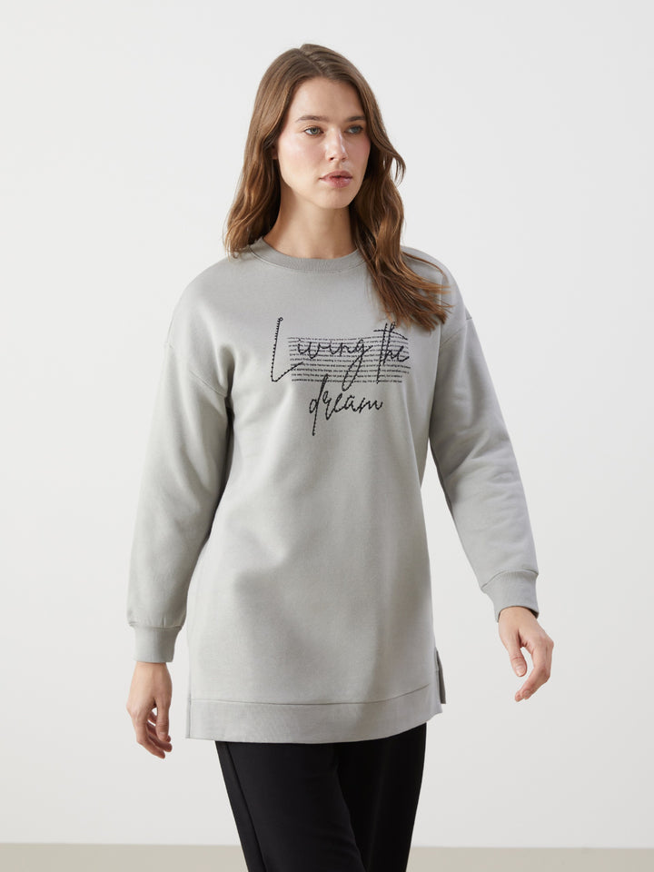 Lcw Modest Gray Crew Neck Printed Women'S Sweatshirt Tunic