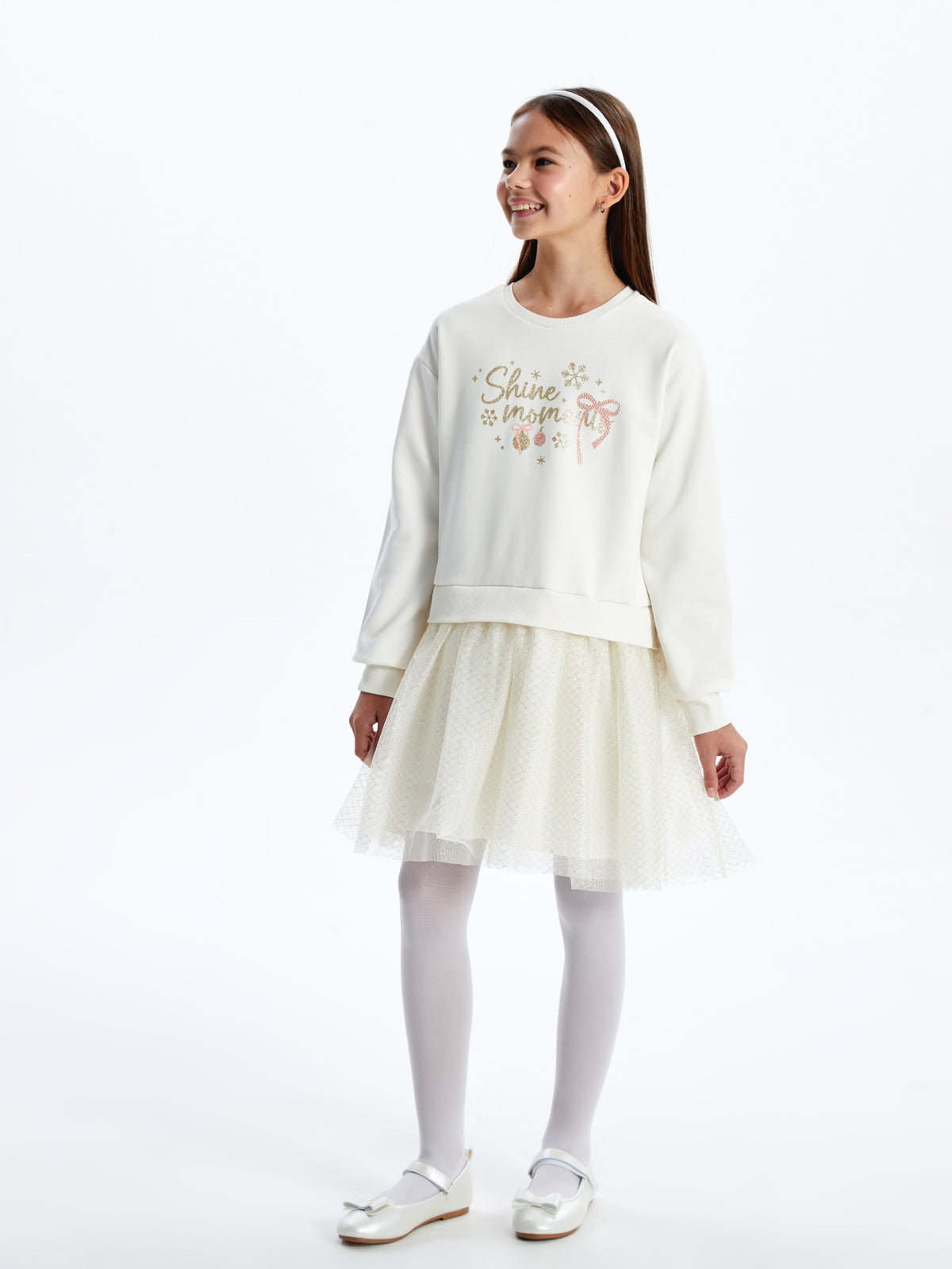 Lcw Kids Ecru Crew Neck Girl Dress