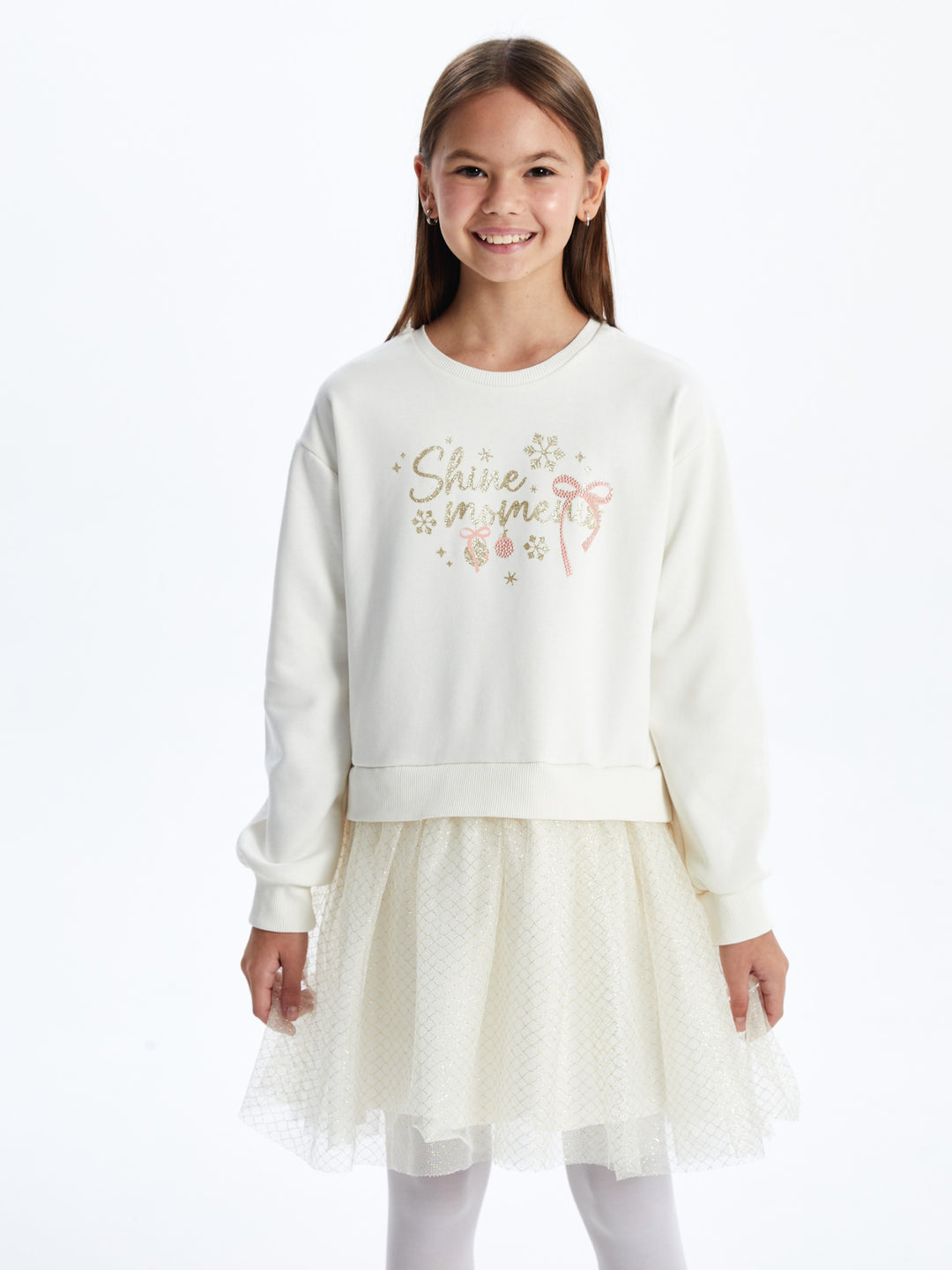 Lcw Kids Ecru Crew Neck Girl Dress