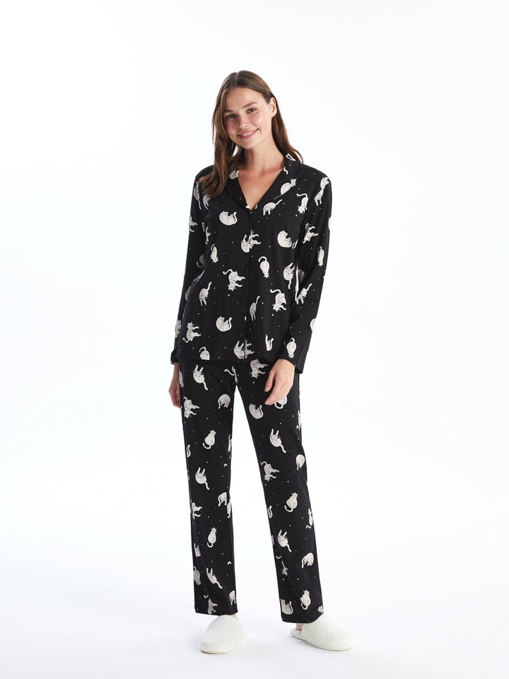 Lcw Young Black H12 Shirt Collar Printed Women'S Pajama Set