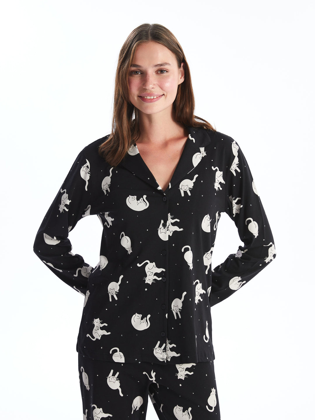 Lcw Young Black H12 Shirt Collar Printed Women'S Pajama Set