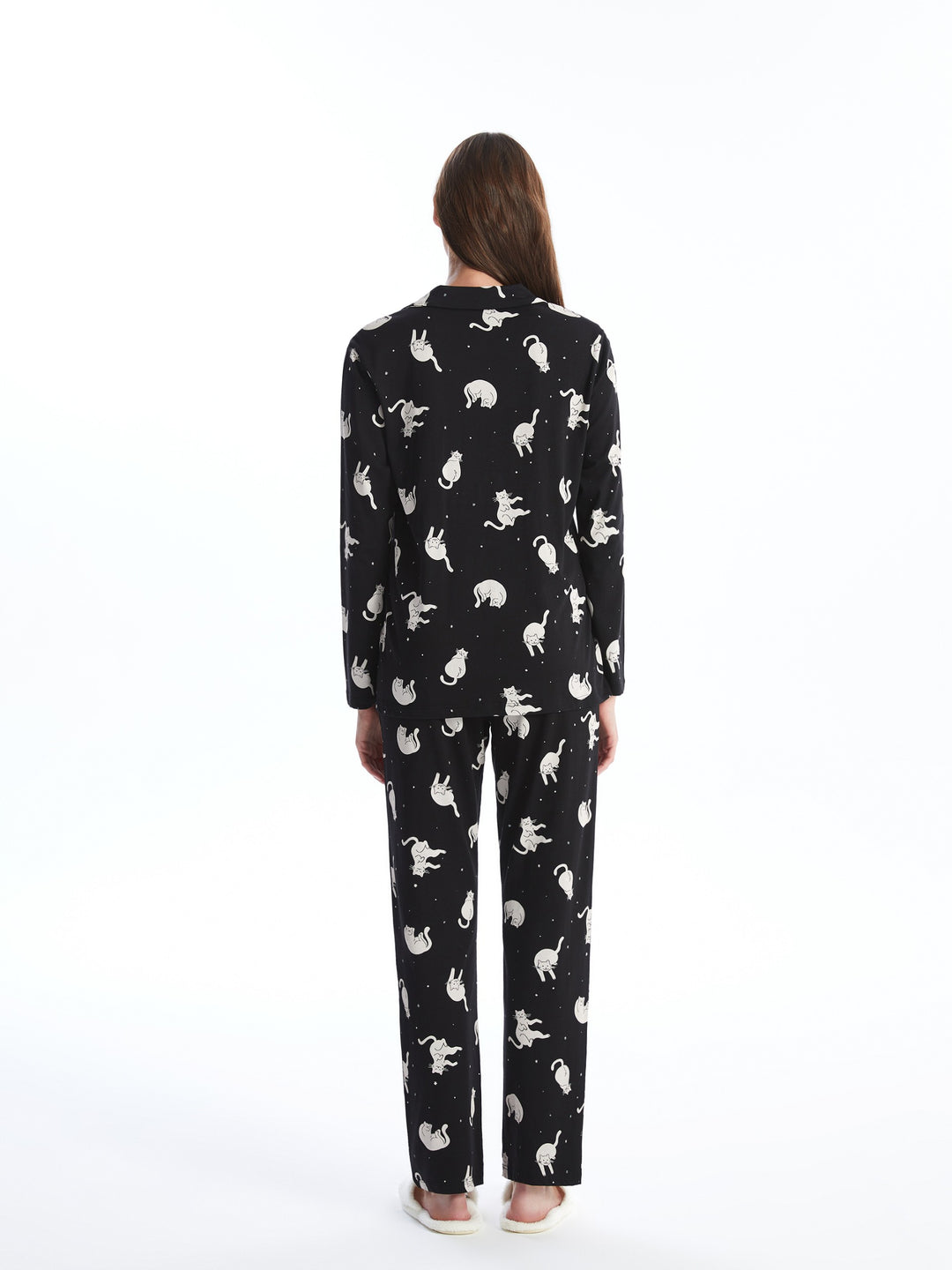 Lcw Young Black H12 Shirt Collar Printed Women'S Pajama Set