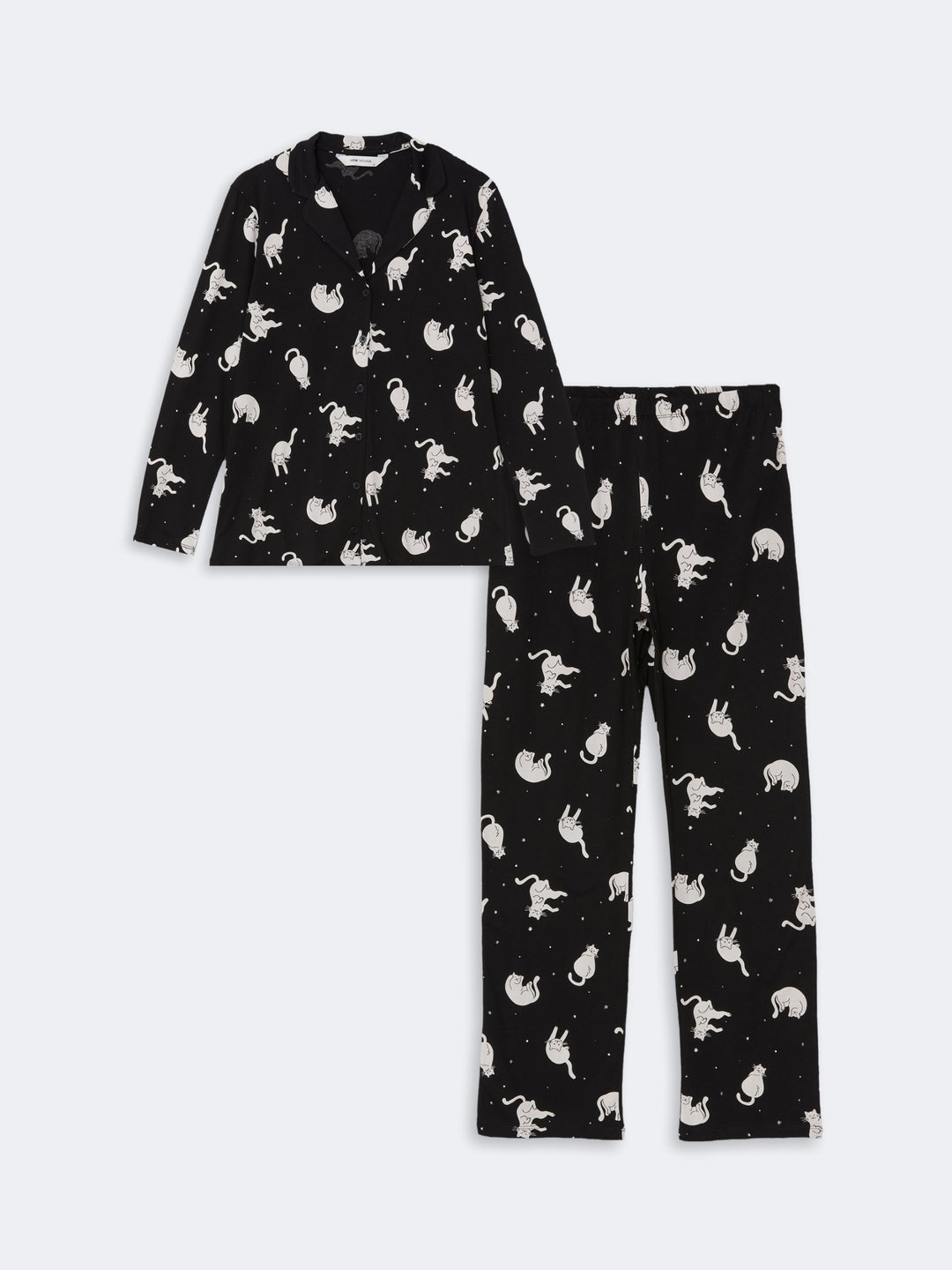 Lcw Young Black H12 Shirt Collar Printed Women'S Pajama Set