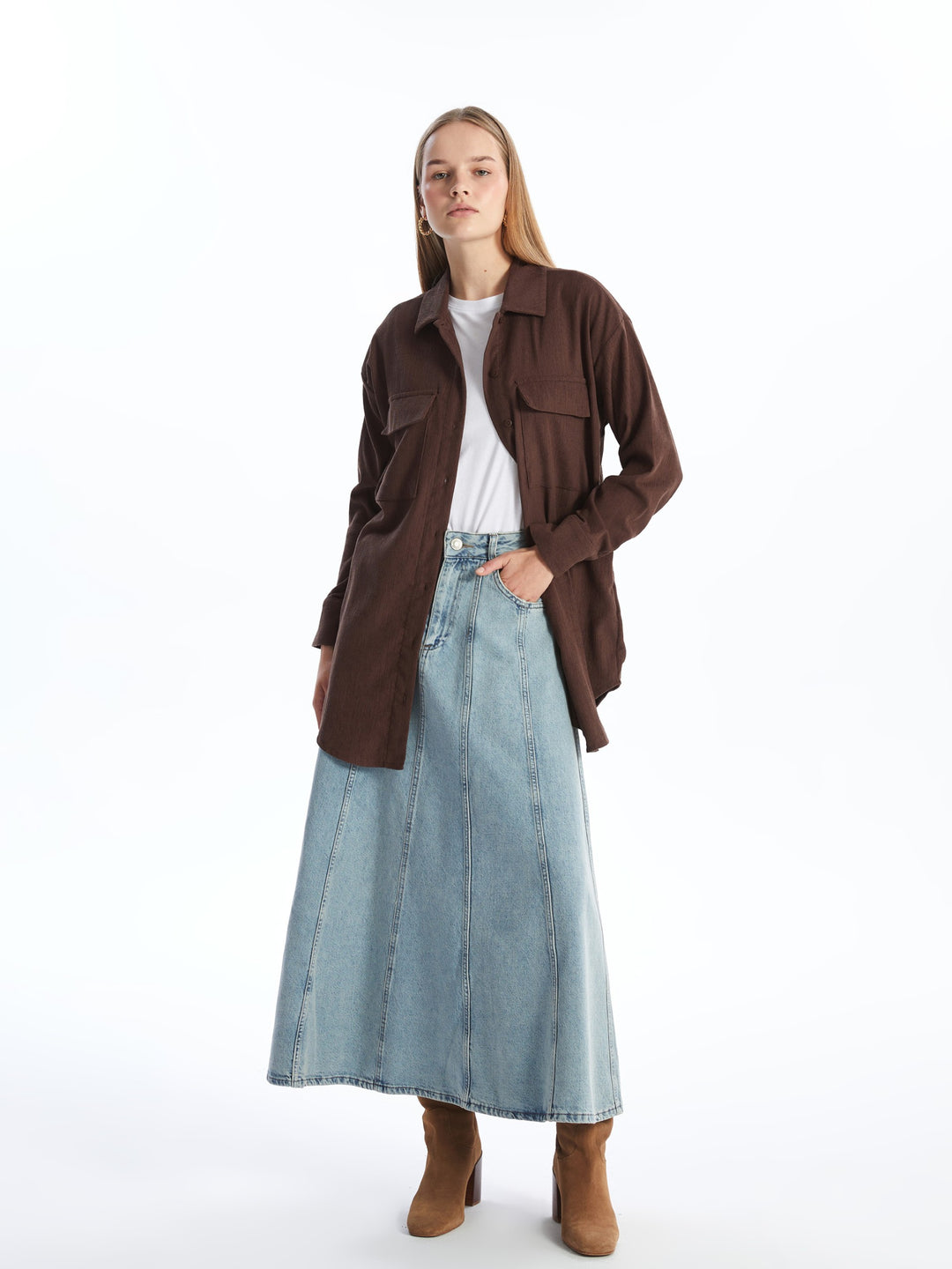 Lcw Modest Brown Oversize Velvet Women'S Shirt Tunic