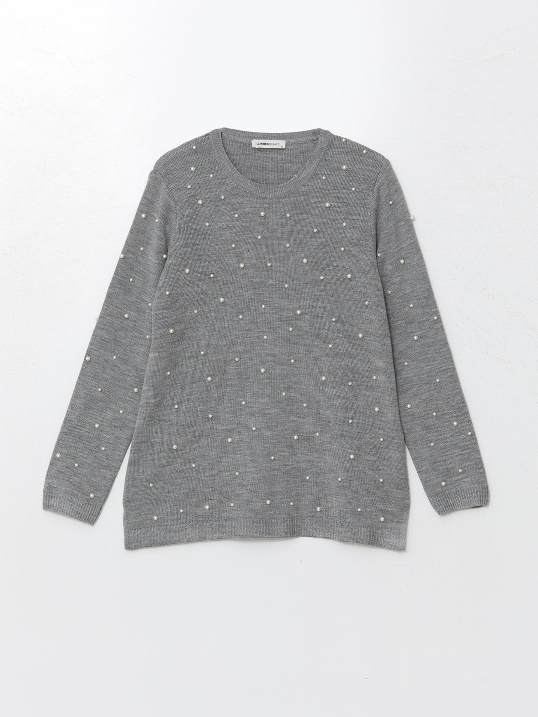 Lcw Grace Gray Crew Neck Shiny Stone Printed Women'S Knitwear Sweater