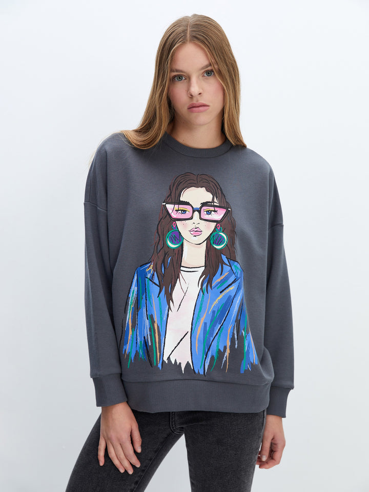 Lcw Vision Grey Crew Neck Printed Oversize Women'S Sweatshirt