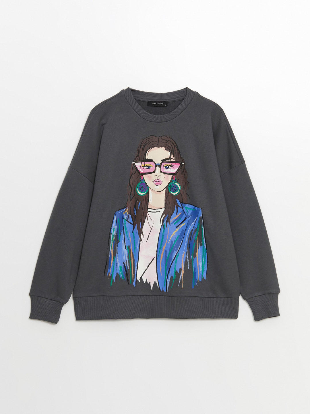 Lcw Vision Grey Crew Neck Printed Oversize Women'S Sweatshirt