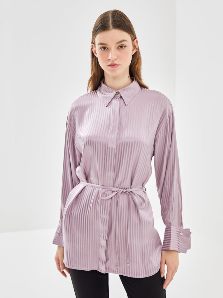 Lcw Modest Lilac Striped Oversize Satin Women'S Shirt Tunic