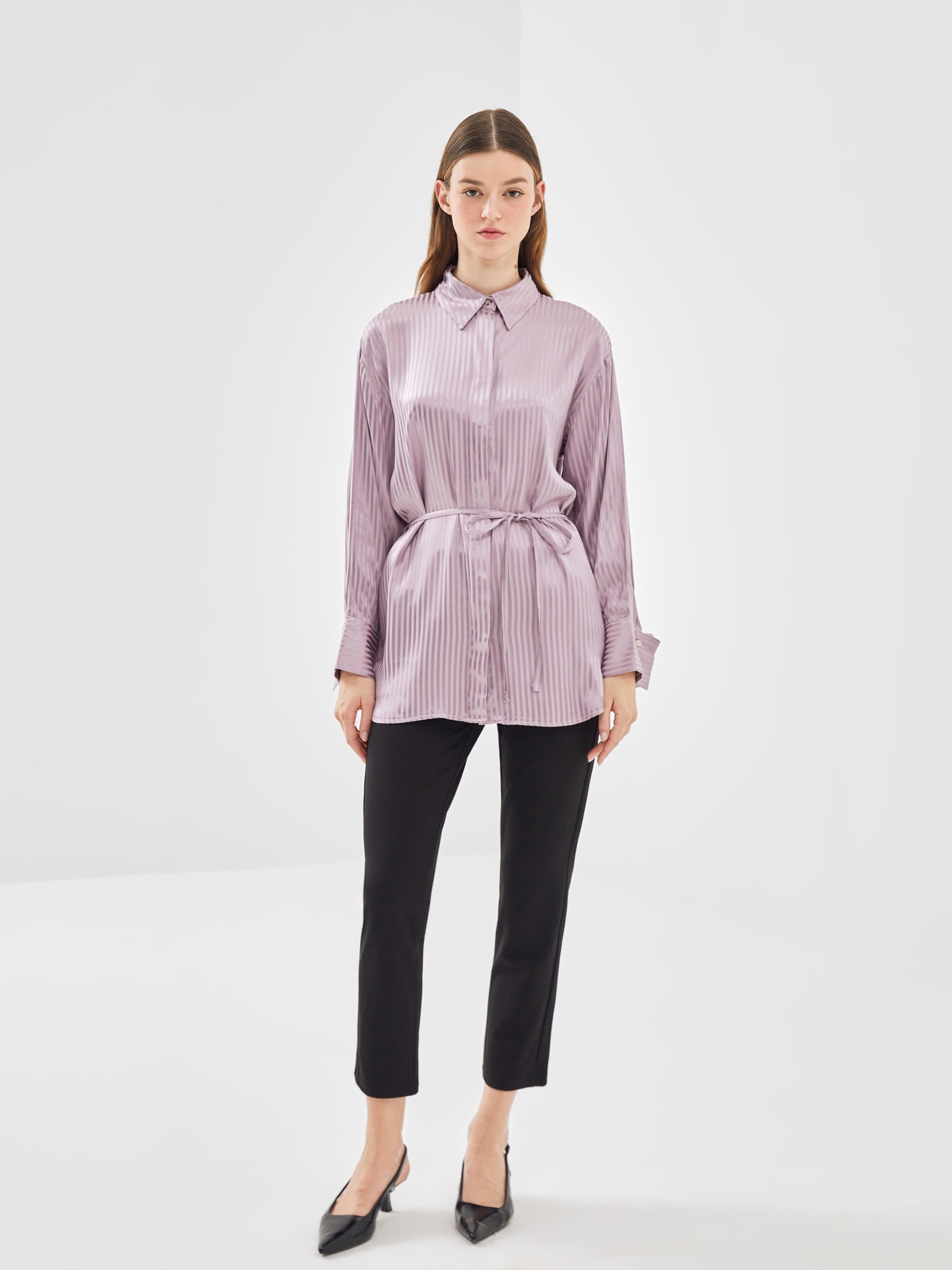 Lcw Modest Lilac Striped Oversize Satin Women'S Shirt Tunic