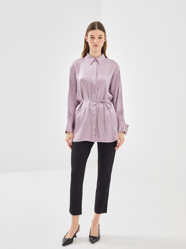 Lcw Modest Lilac Striped Oversize Satin Women'S Shirt Tunic Main Image