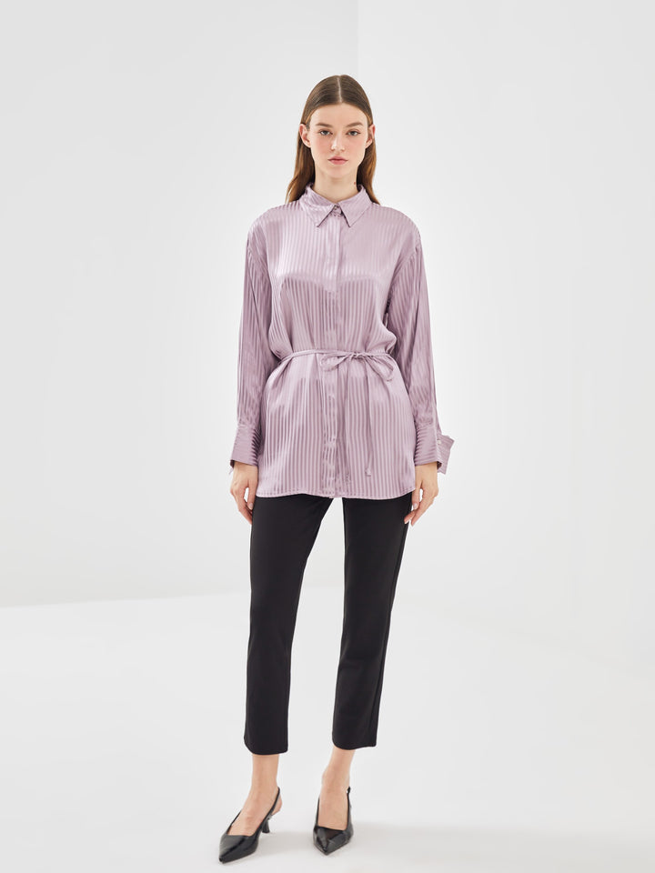 Lcw Modest Lilac Striped Oversize Satin Women'S Shirt Tunic