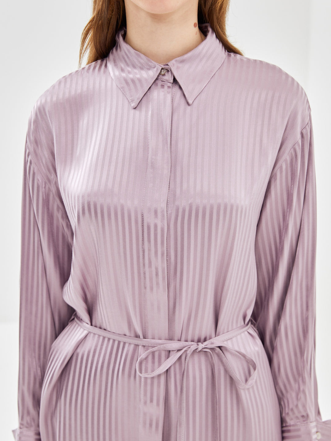 Lcw Modest Lilac Striped Oversize Satin Women'S Shirt Tunic