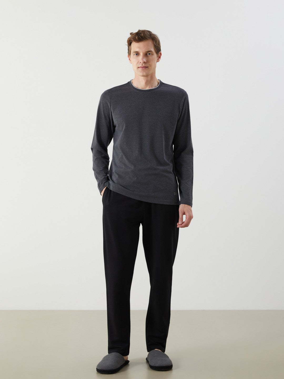 Lc Waikiki Anthracite Crew Neck Long Sleeve Men Pajama Top