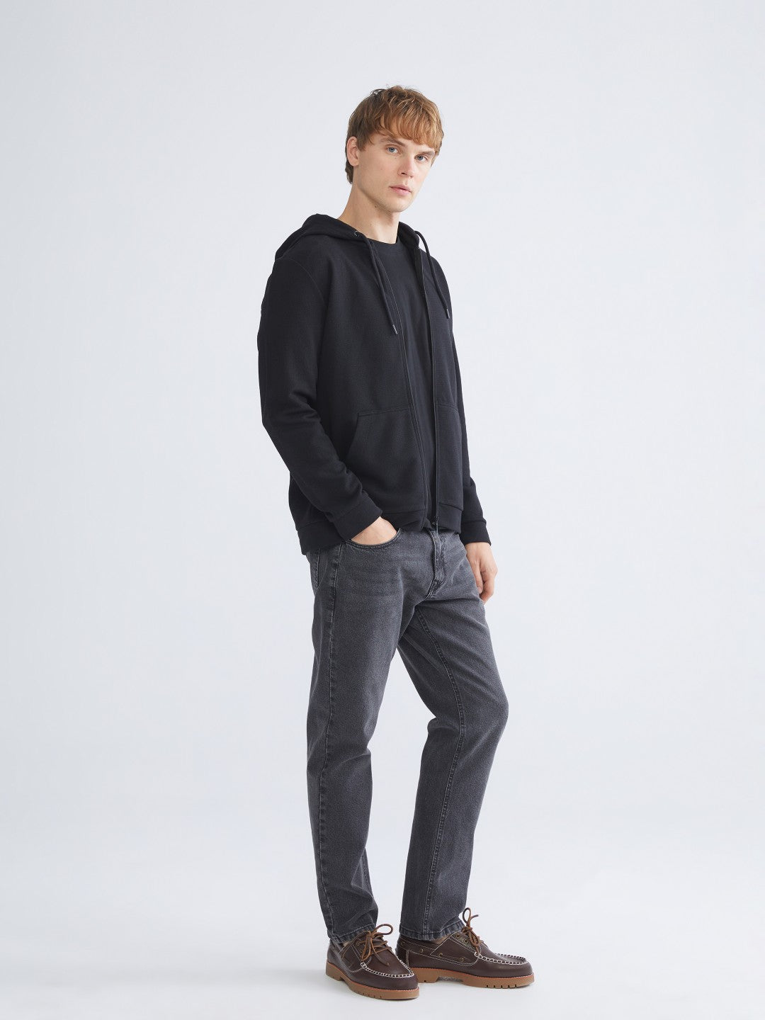 Xside Black Hooded Long Sleeve Men Zippered Sweatshirt