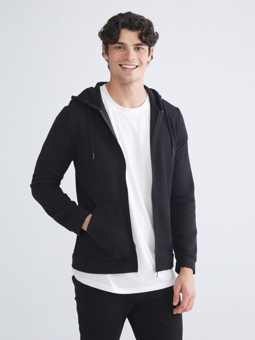 Xside Black Hooded Long Sleeve Men Zippered Sweatshirt