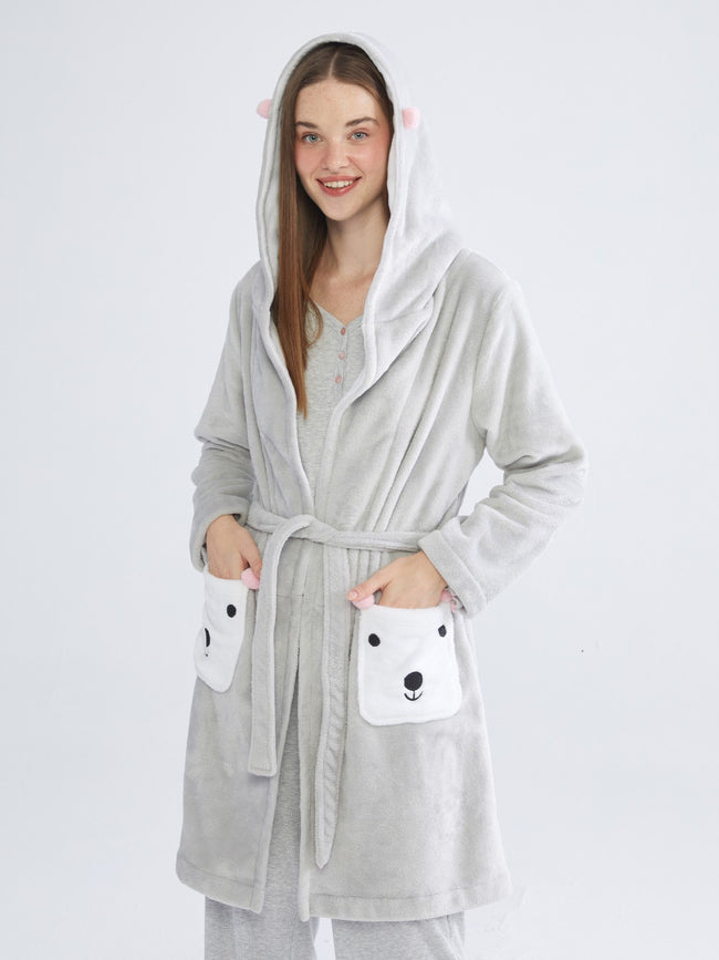 LCW Dream Gray Hooded Plush Women Dressing Gown Hover Image