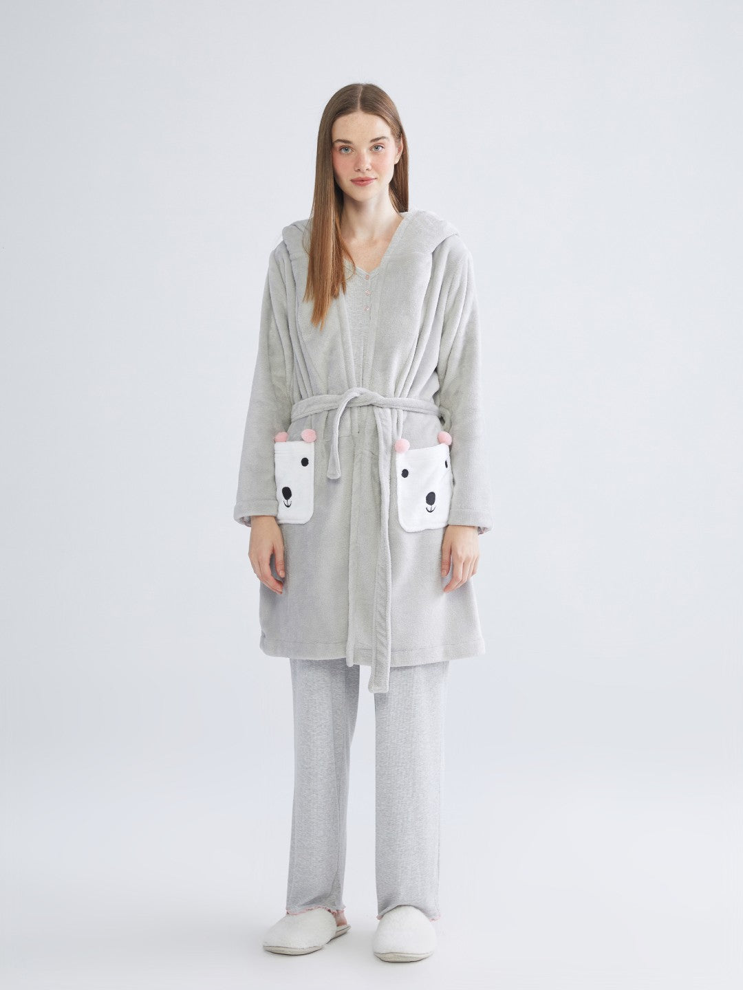 LCW Dream Gray Hooded Plush Women Dressing Gown