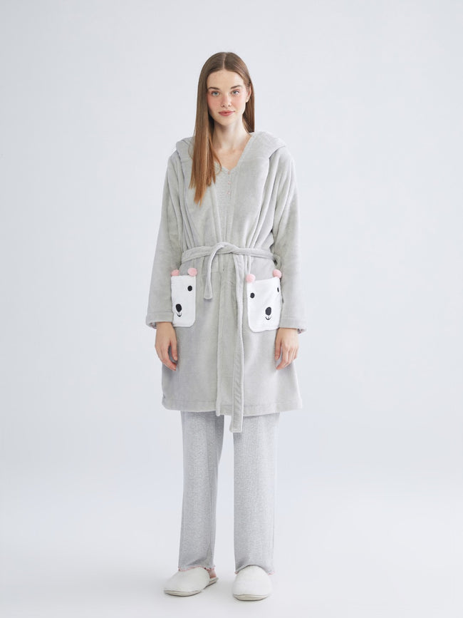 LCW Dream Gray Hooded Plush Women Dressing Gown Main Image