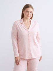 LCW Dream Pink Plus Size Shirt Collar Heart Printed Women Pajama Set