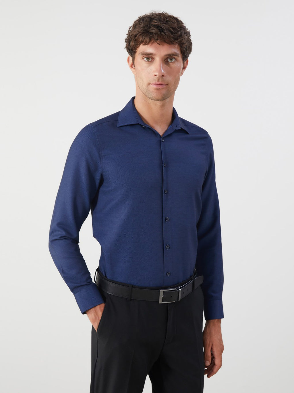 LCW Classic Navy Blue Slim Fit Long Sleeve Dobby Men Shirt