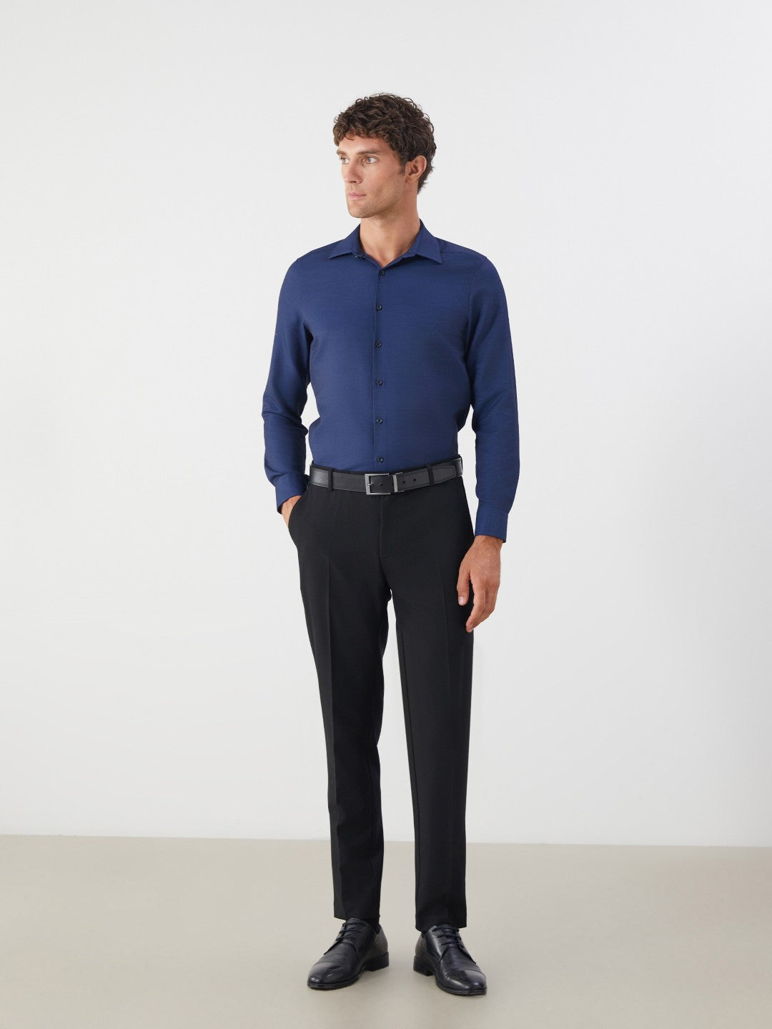 LCW Classic Navy Blue Slim Fit Long Sleeve Dobby Men Shirt