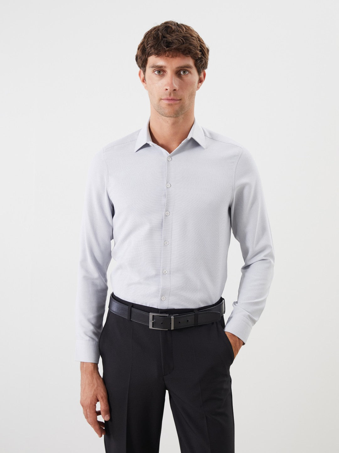 LCW Classic Navy Blue Slim Fit Long Sleeve Dobby Men Shirt