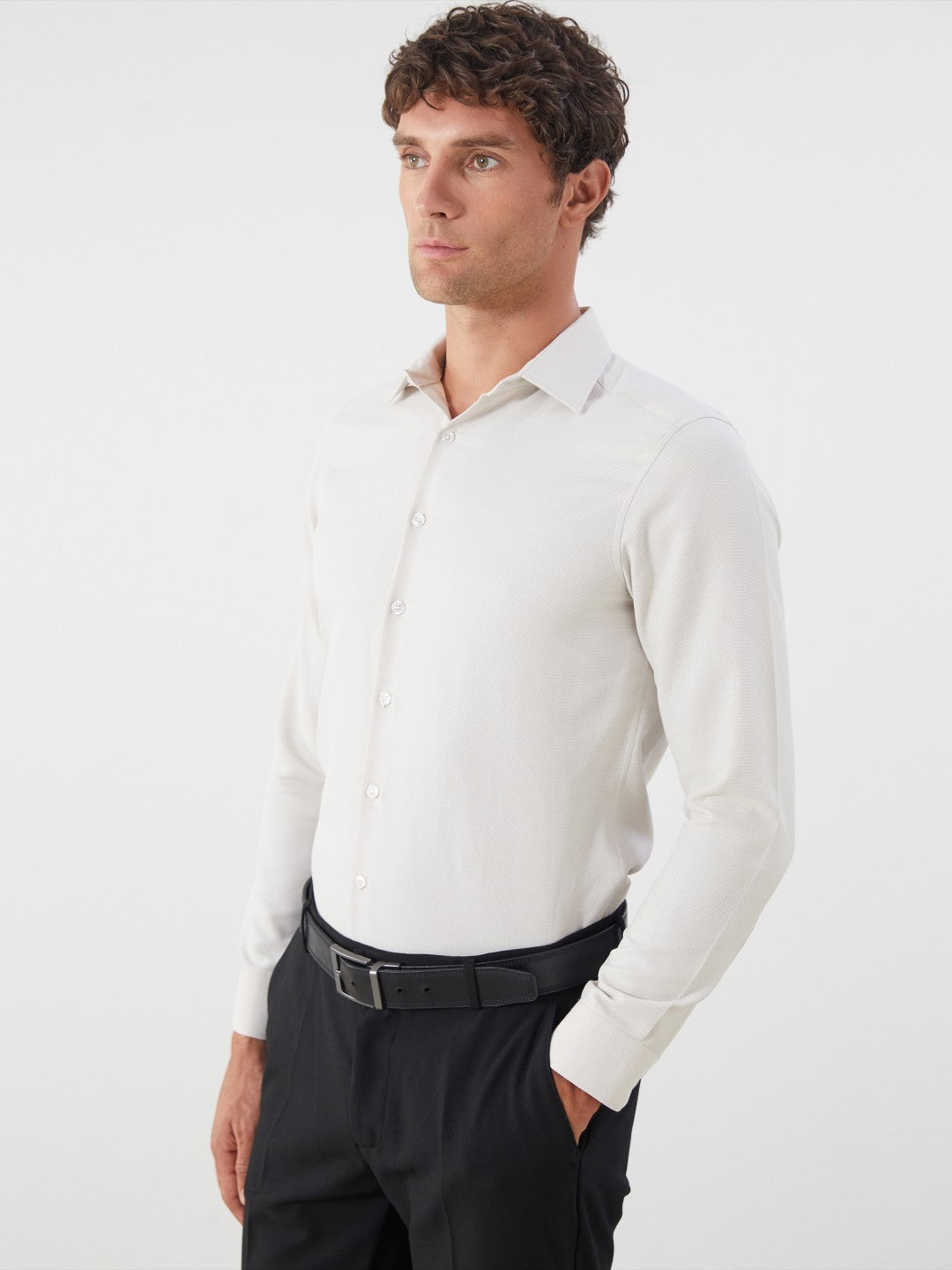 LCW Classic Navy Blue Slim Fit Long Sleeve Dobby Men Shirt