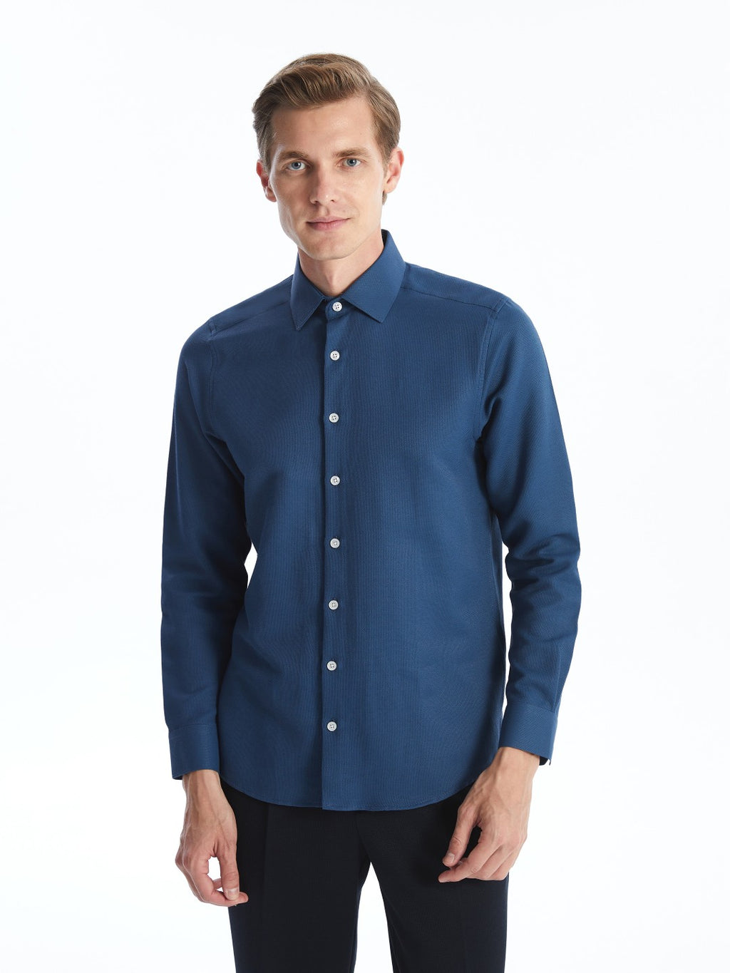 LCW Classic Navy Blue Slim Fit Long Sleeve Dobby Men Shirt