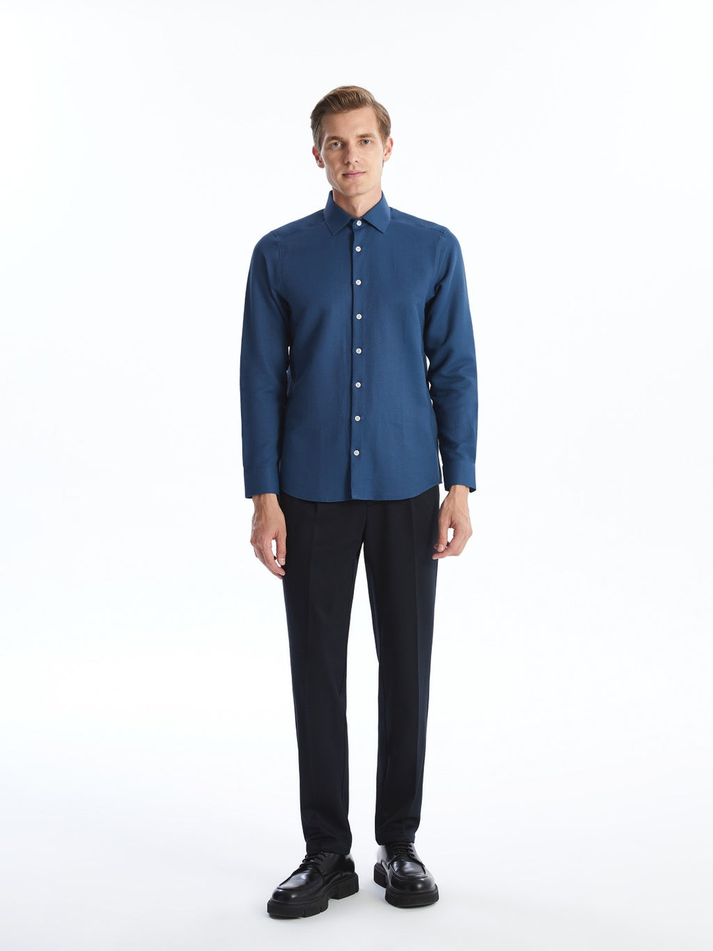 LCW Classic Navy Blue Slim Fit Long Sleeve Dobby Men Shirt