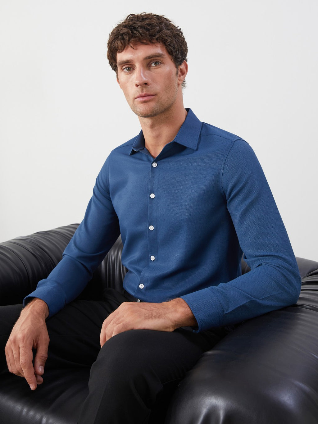 LCW Classic Navy Blue Slim Fit Long Sleeve Dobby Men Shirt