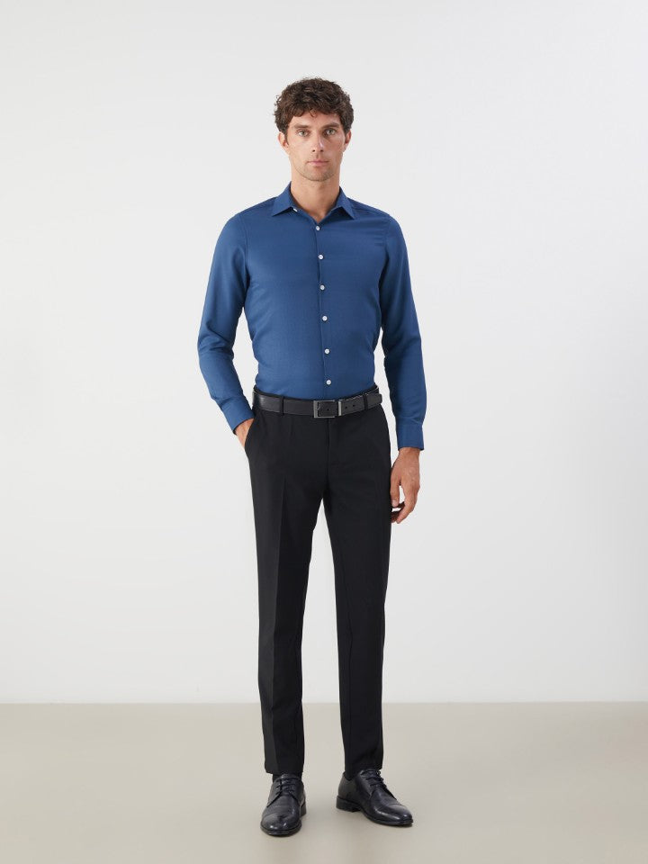 LCW Classic Navy Blue Slim Fit Long Sleeve Dobby Men Shirt